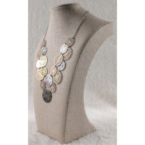 Multi Tone Filigree Disc Bib Necklace Silver Gold Rose Tone Statement